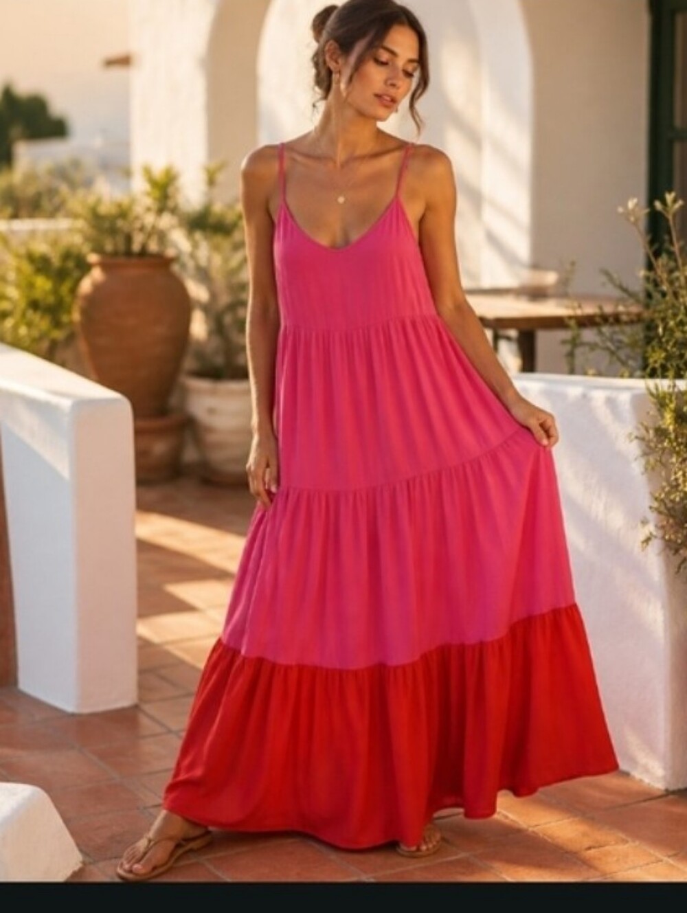 kate spade Pink and Red Tiered Spaghetti-Strap Maxi Dress
